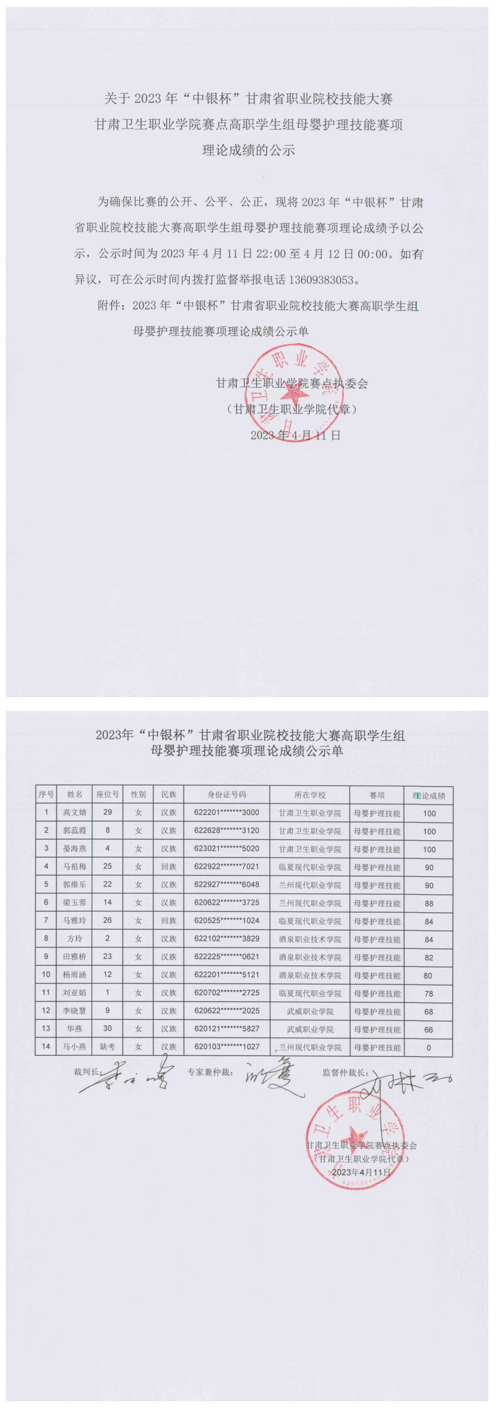 02关于2023年“中银杯”甘肃省职业院校技能大赛QY球友会体育赛点高职学生组母婴护理技能赛项理论成绩的公示.png